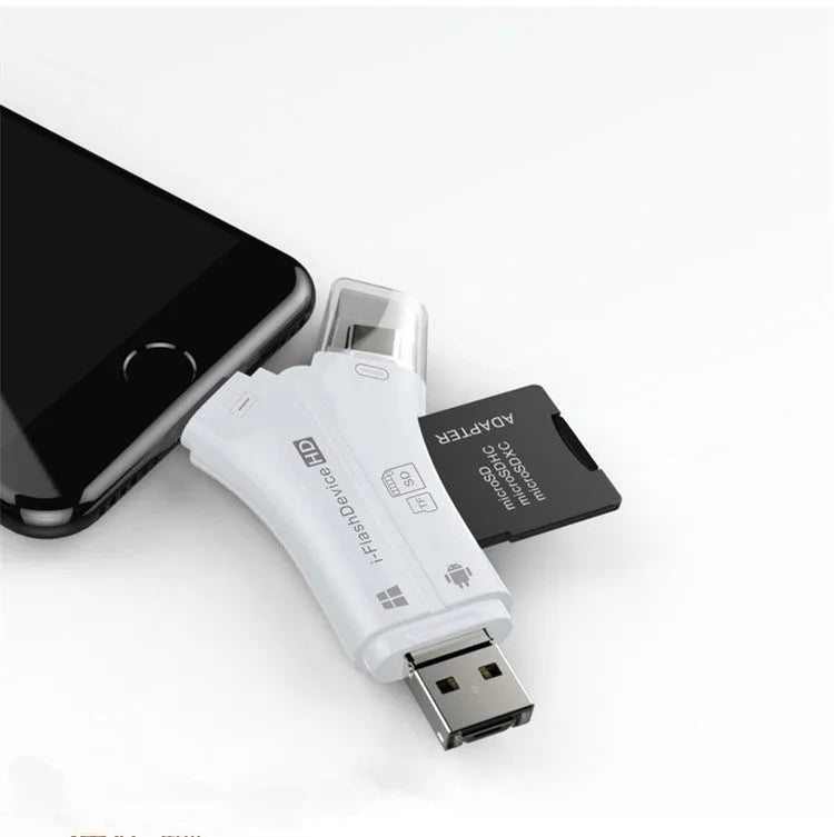 White, black, and gold 4-in-1 mobile phone SD card reader with USB, Lightning, Micro USB, and Type-C connectors.