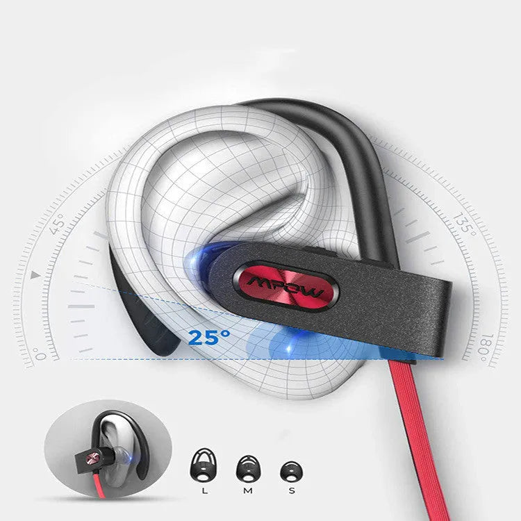 Red hanging ear Bluetooth headset showing bilateral earpieces design