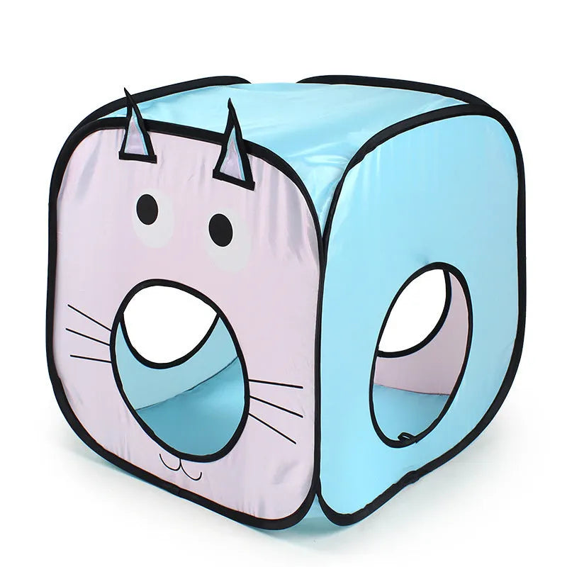 Foldable pet tent tunnel with attached cat toy and fish toy in Cat Fish colour scheme