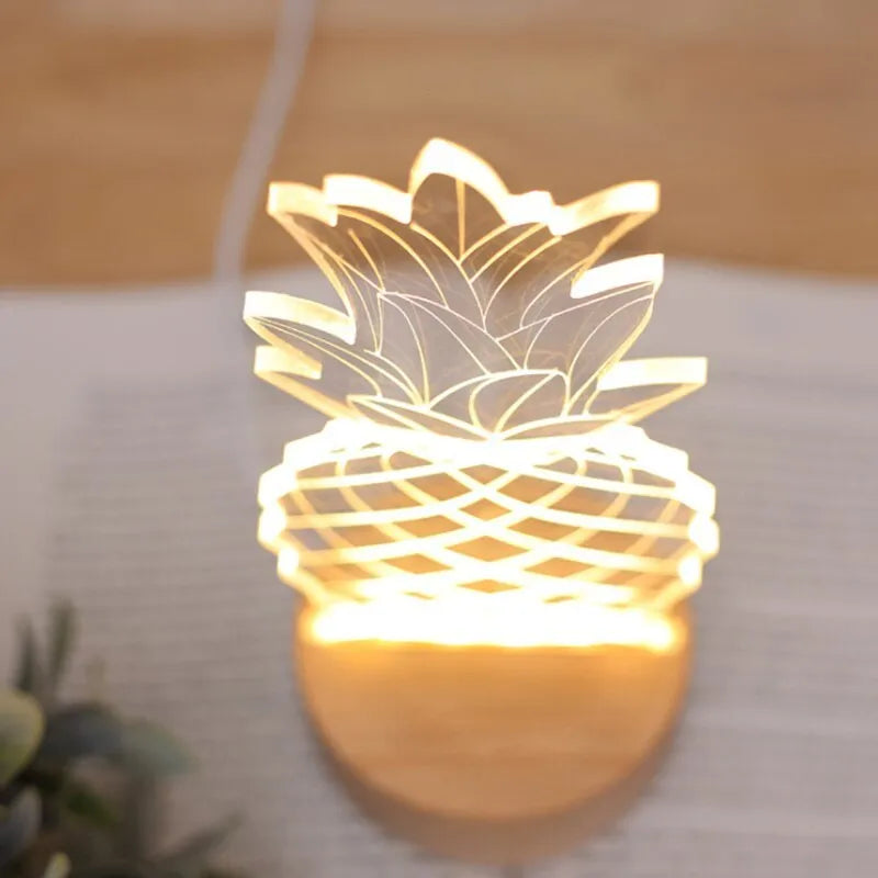 Cartoon pineapple bedside lamp with wood base and acrylic elements, measuring 24.5x10cm