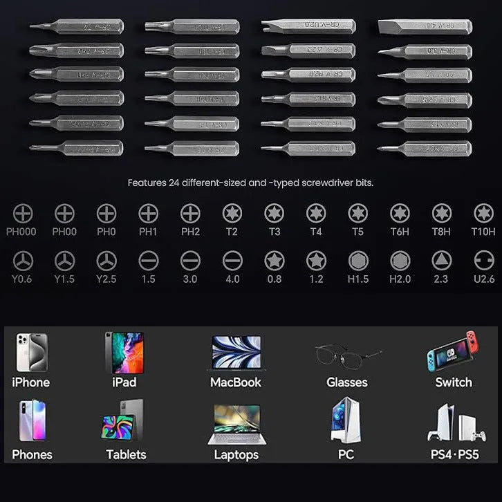25-in-one magnetic screwdriver set with chrome vanadium bits and two black knurled handles.