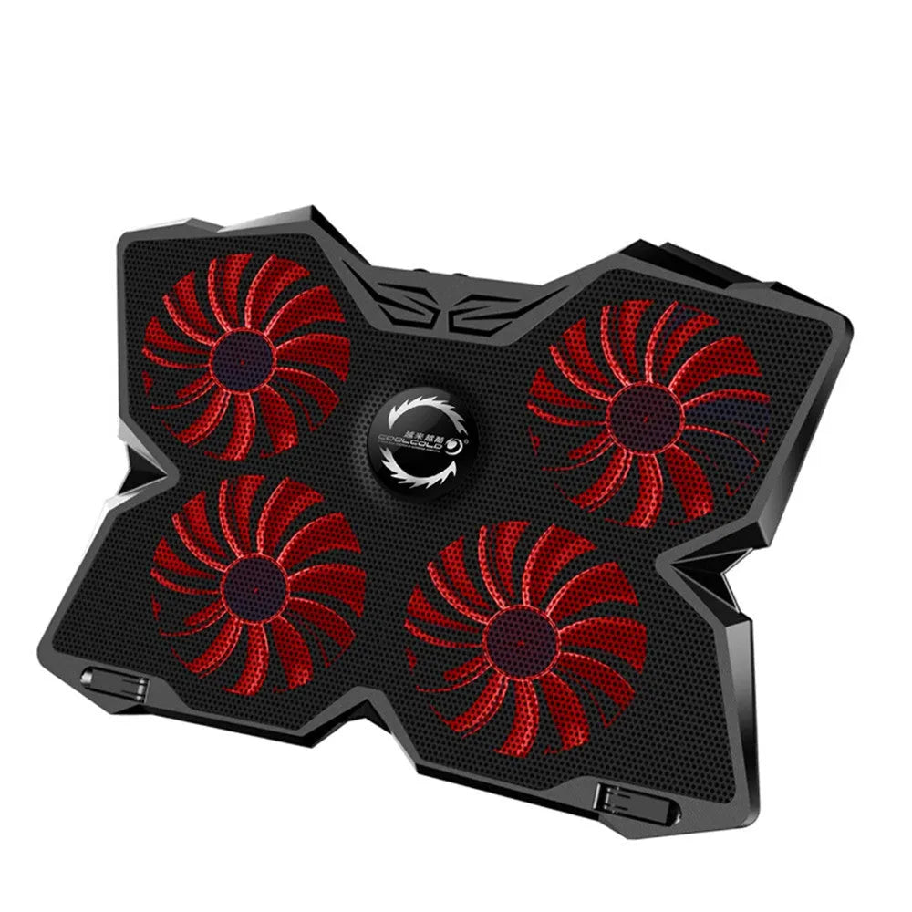 USB-powered computer cooling pad with four blue LED fans, two speed switches, and two USB ports on the side