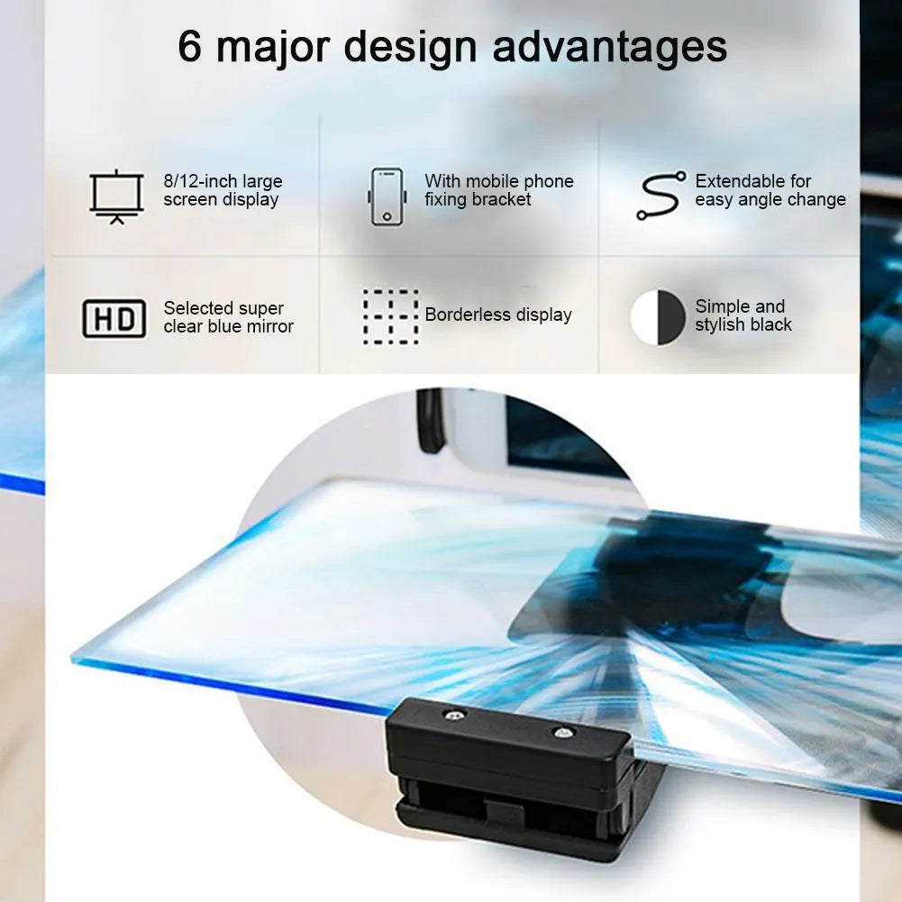 Black mobile phone screen amplifier with 12-inch acrylic lens on adjustable rotating bracket