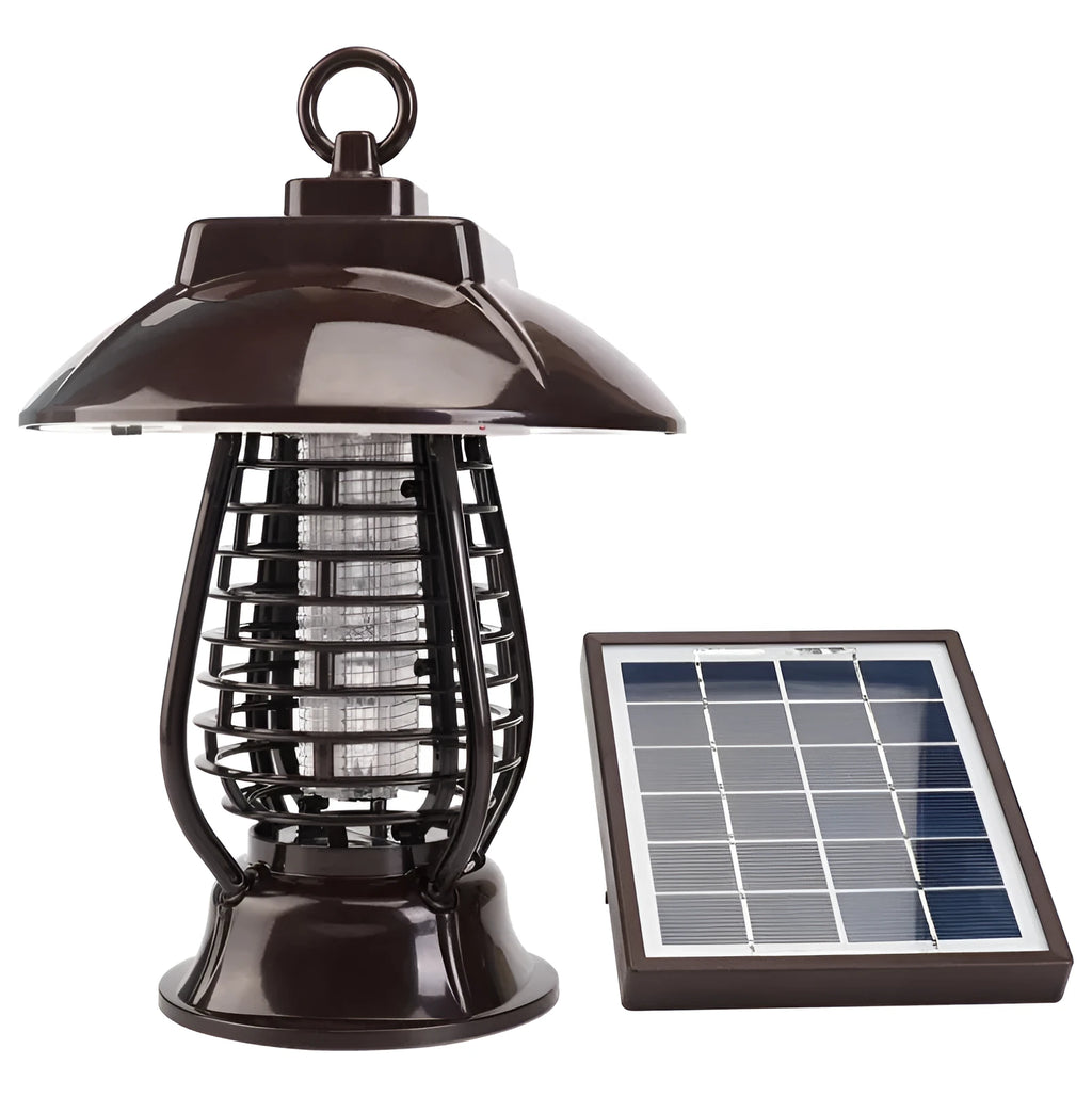 White solar-powered electronic mosquito lamp with solar panel and purple switch for garden outdoor use.