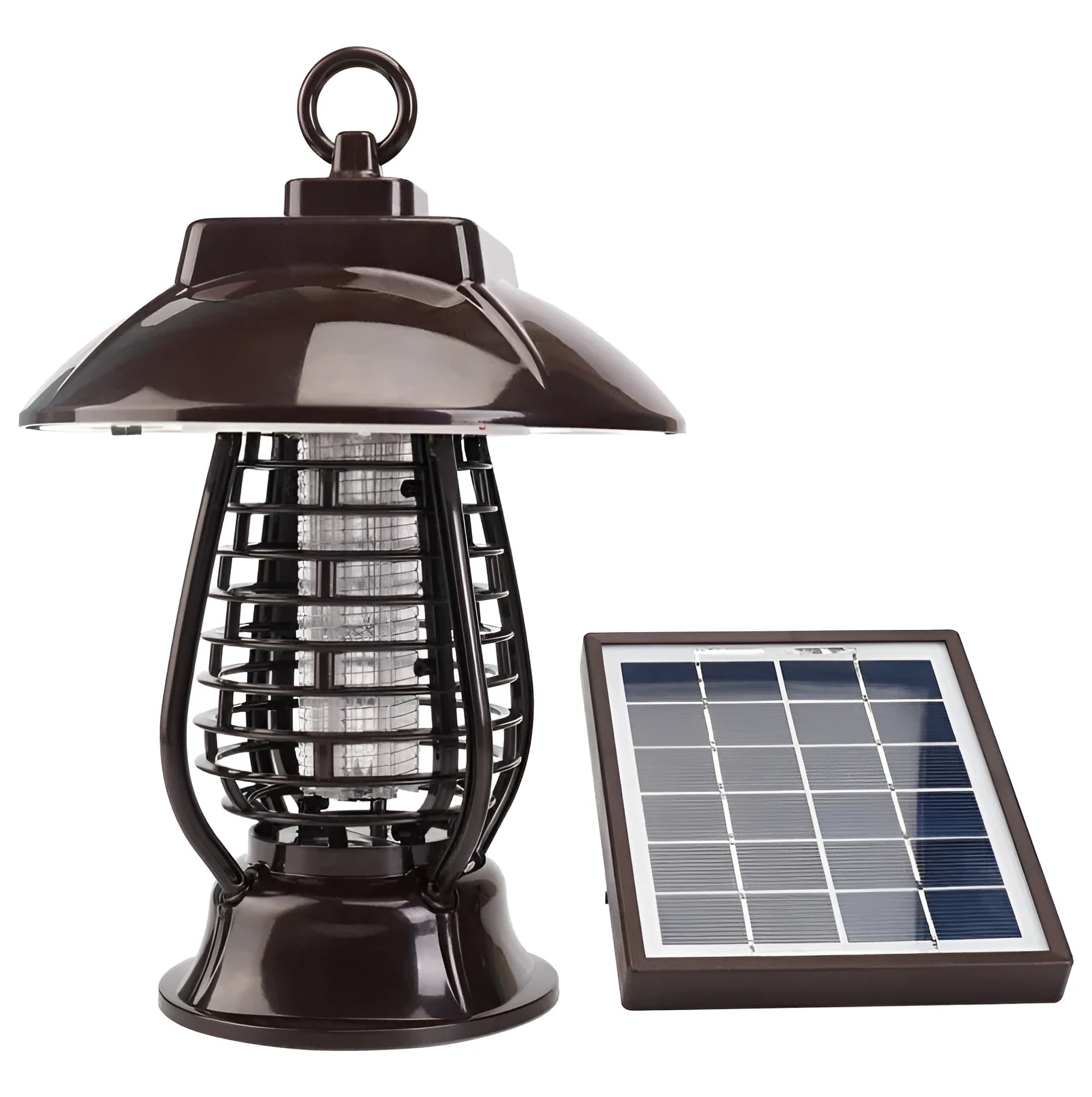 White solar-powered electronic mosquito lamp with solar panel and purple switch for garden outdoor use.