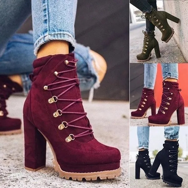 Women's suede high heel ankle boots with thick heels in army green, black, wine red or yellow