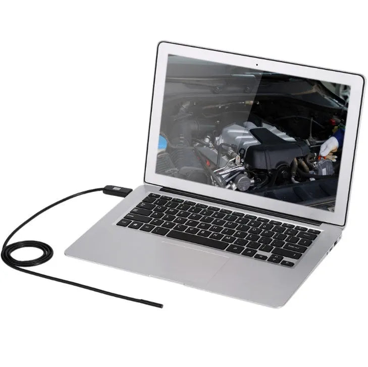 OWSOO USB endoscope camera with 5m cable, 6 LED lights, and attachments including a hook and magnet