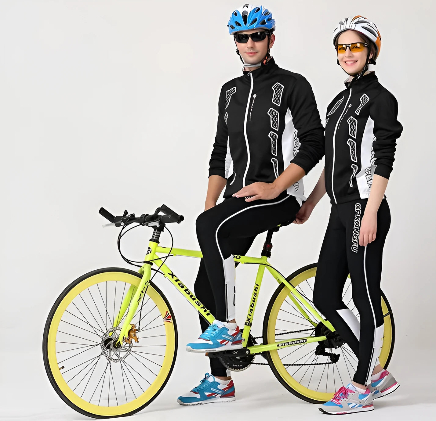Long-sleeve bicycle Jersey suit set men women mountain bike team polyester thermal plain weave black yellow sizes