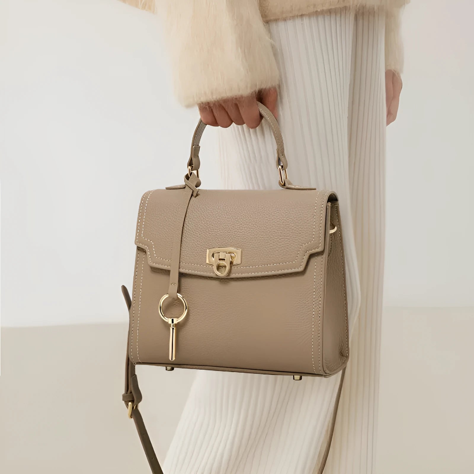 Elephant grey vintage handbag with litchi pattern leather and lock clasp