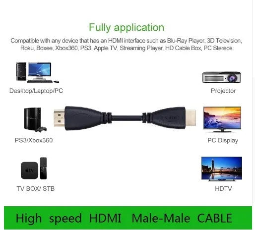 Gold-plated HDMI cable showing connectors with length options from 0.3 to 5 metres