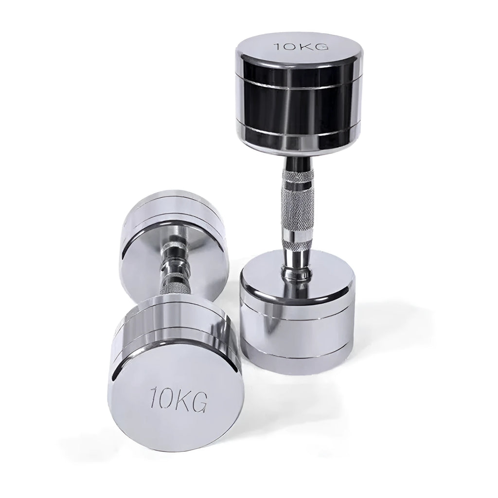 Silver pure steel dumbbell with electroplated finish and ergonomic handle, 1kg weight
