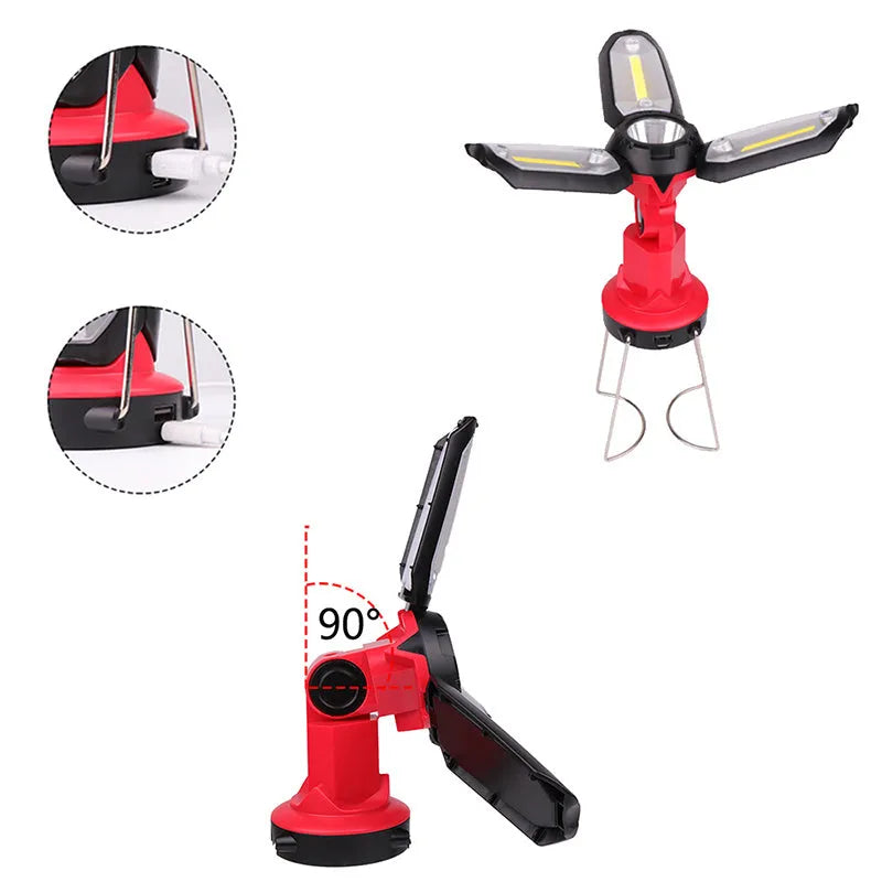 Red LED camping light with eight modes, deformable table lamp, and built-in power bank function