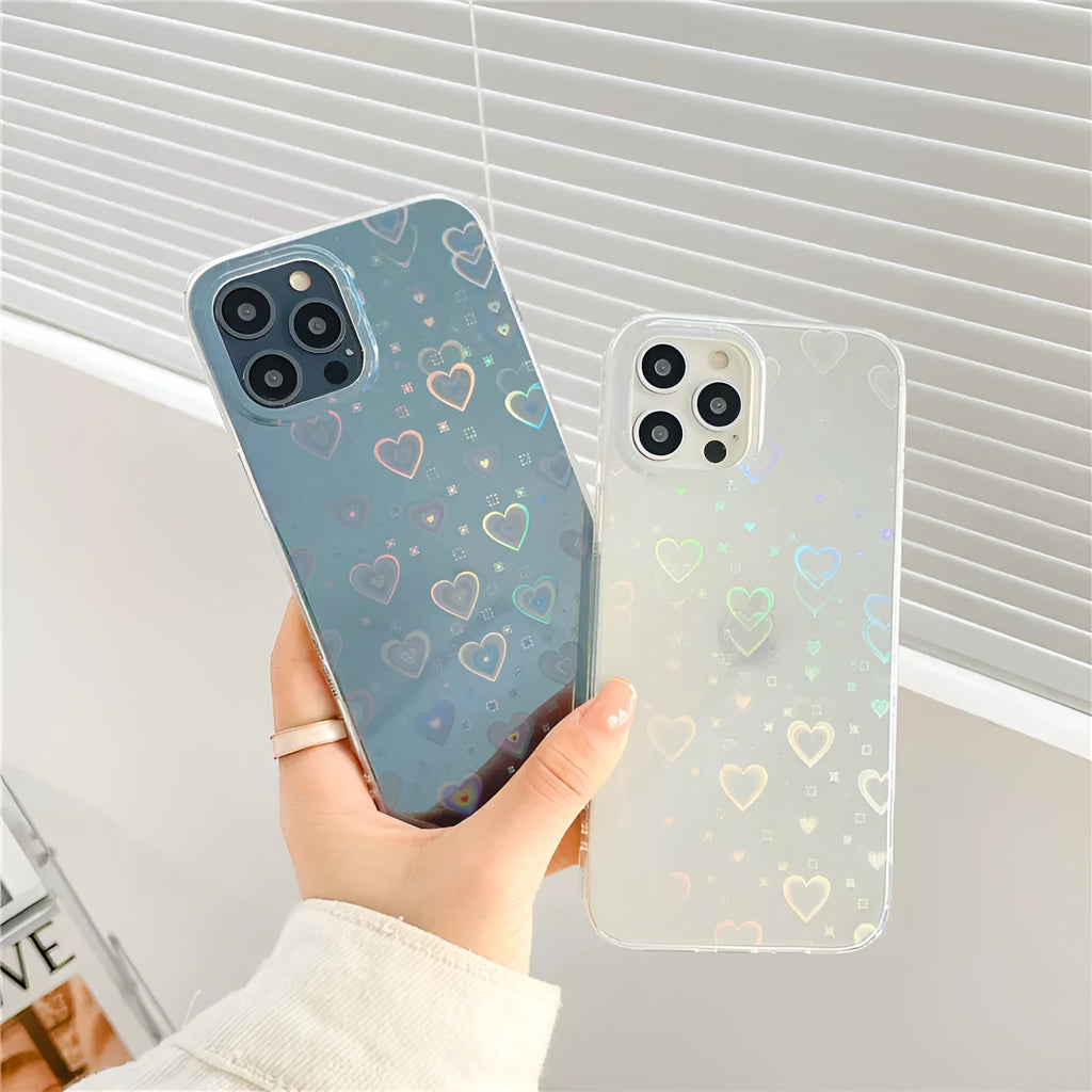 Transparent silicone iPhone case with laser love pattern on multiple iPhone models