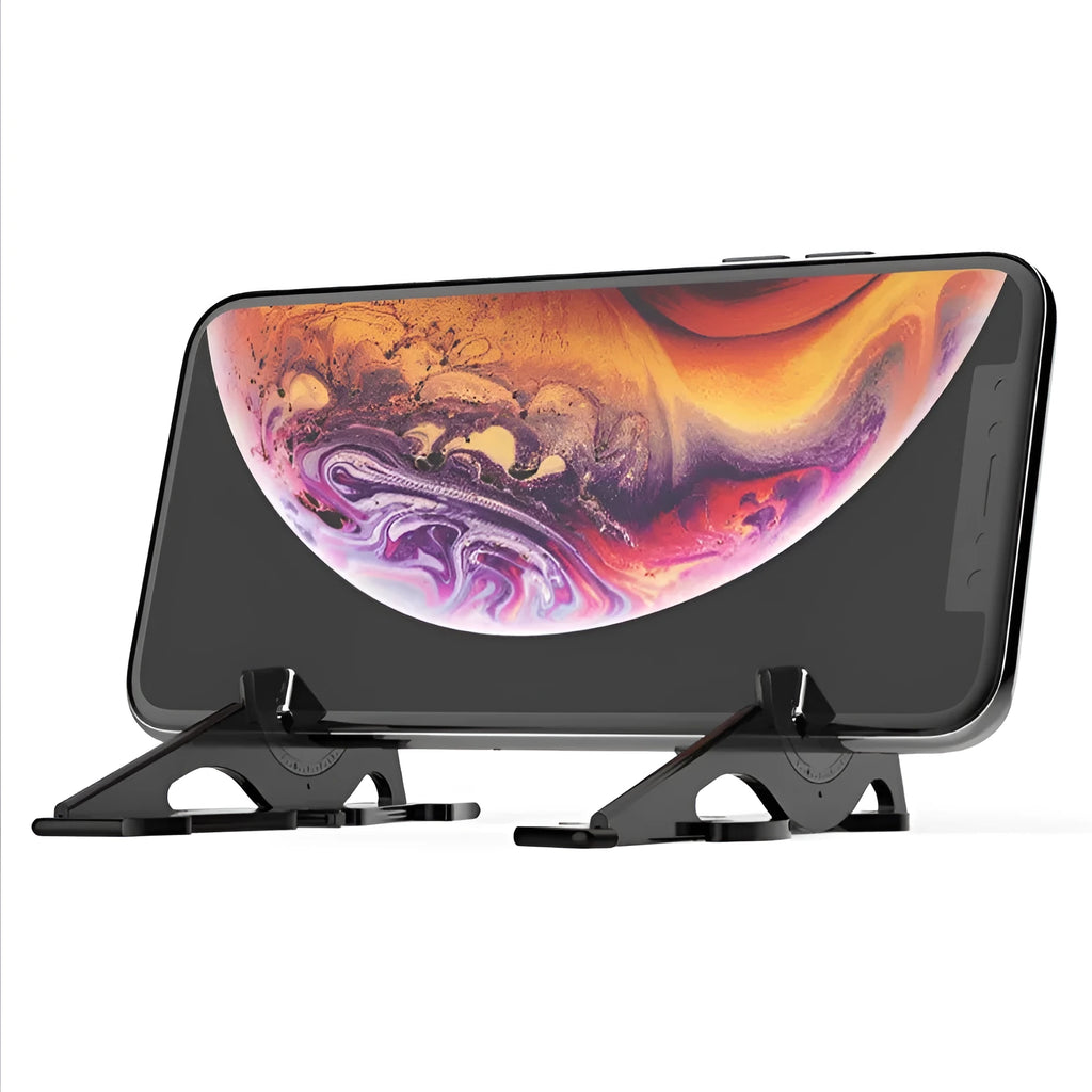 Black plastic card-type mobile phone holder on a desktop