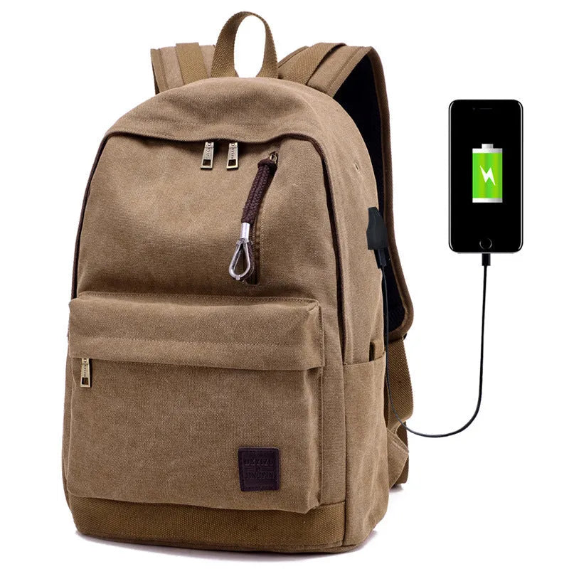 Canvas backpack with USB charging port in grey colour showing multiple compartments