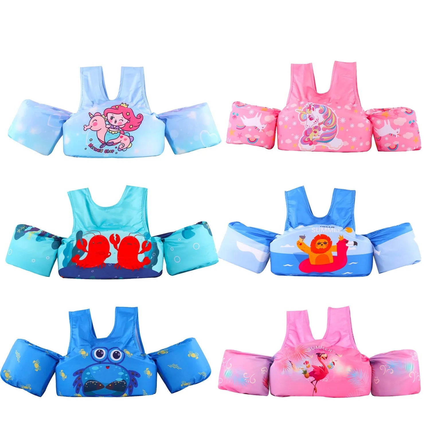 Cartoon-themed children's polyester arm swimming ring life jacket in various print designs.