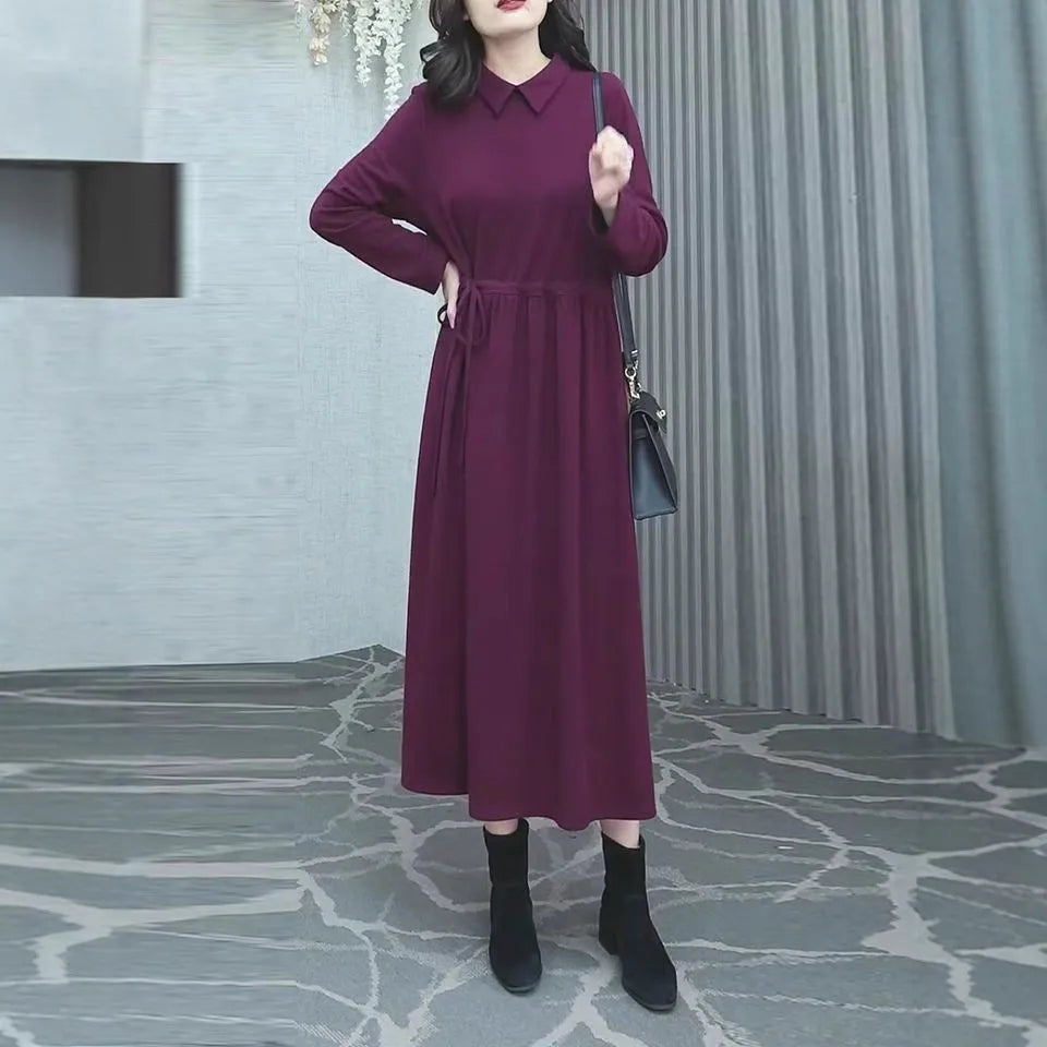 Purplish red women's plus size dress with extra long sleeves and long skirt for autumn winter wear