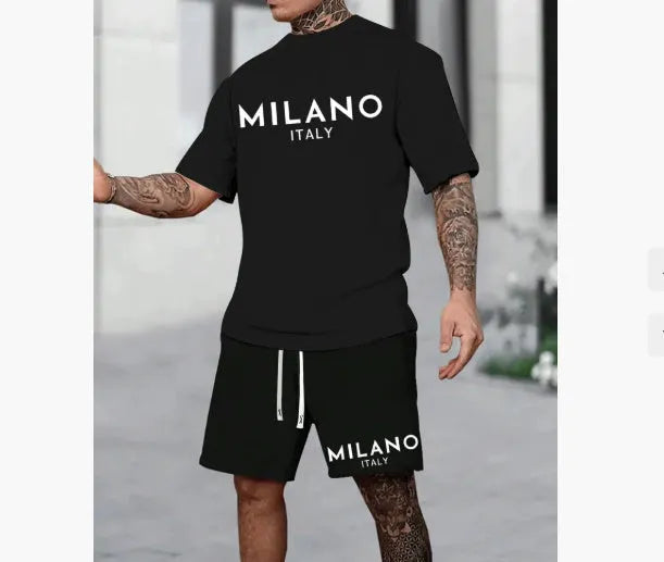 European style short sleeve polyester suit set in blue colour showing round neck top and matching shorts