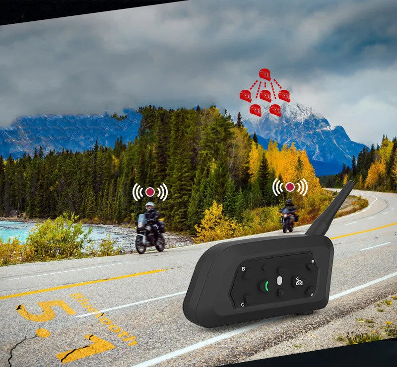 V6 Pro motorcycle Bluetooth intercom unit with mounting clip and charging cable on a motorcycle handlebar.