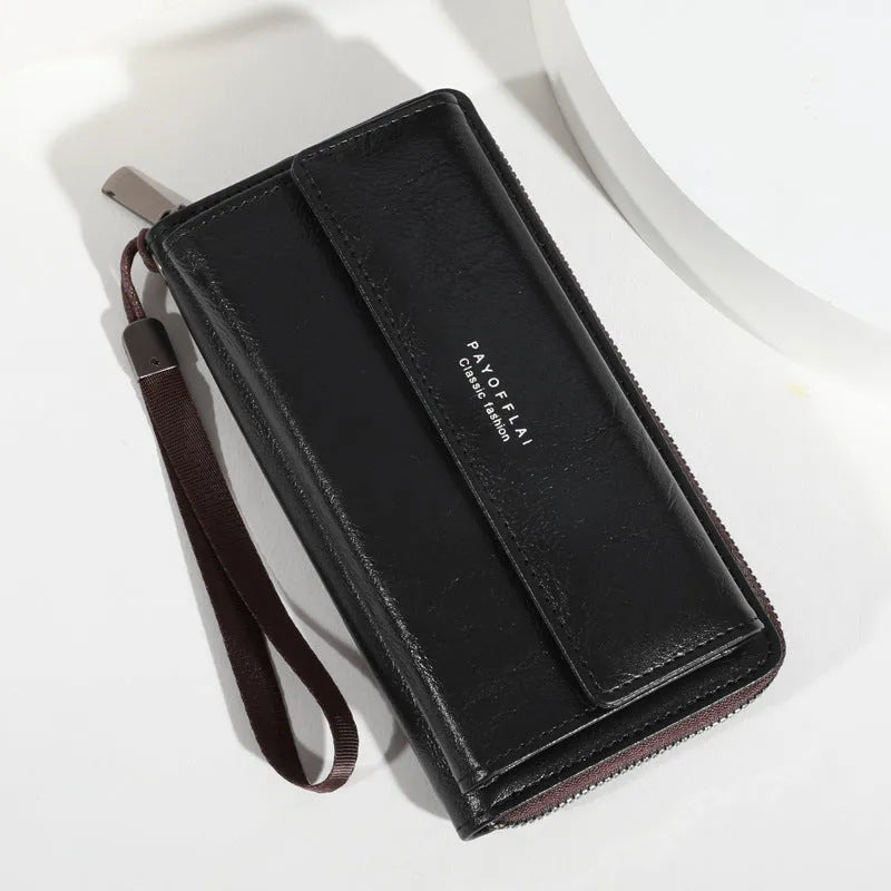 Men's black PU leather long wallet with multiple card slots, shown open.