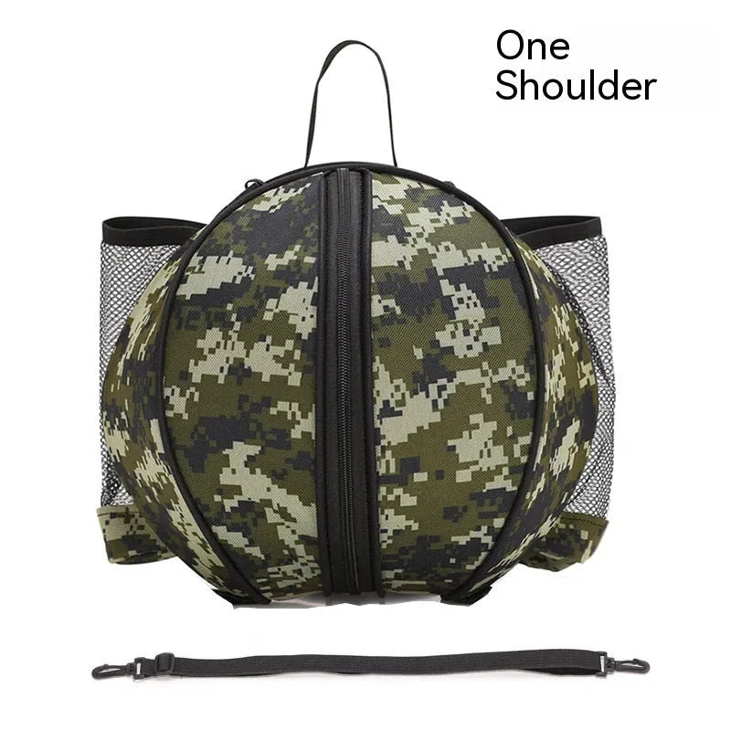 Black Oxford cloth basketball bag with one shoulder strap, shown next to a basketball.