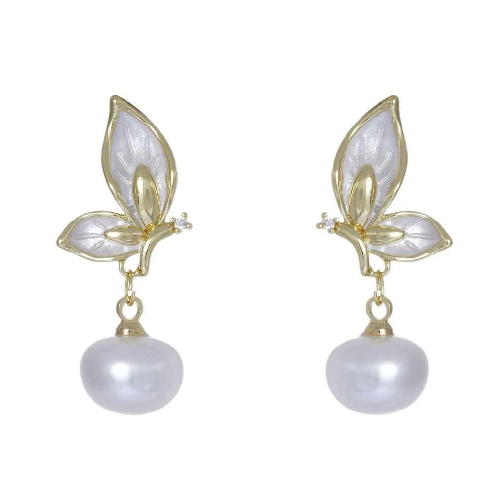 Women's butterfly earrings with zircon painting oil accents on copper with electroplating finish