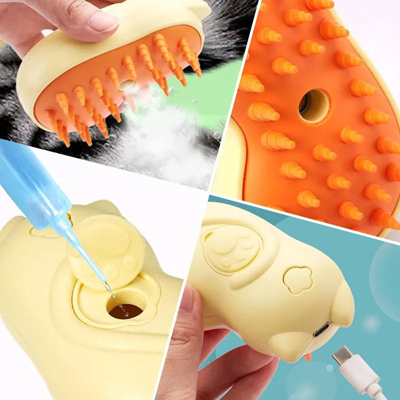 3-in-1 steamy pet brush with button for grooming cats and dogs, showing medium-sized handle.