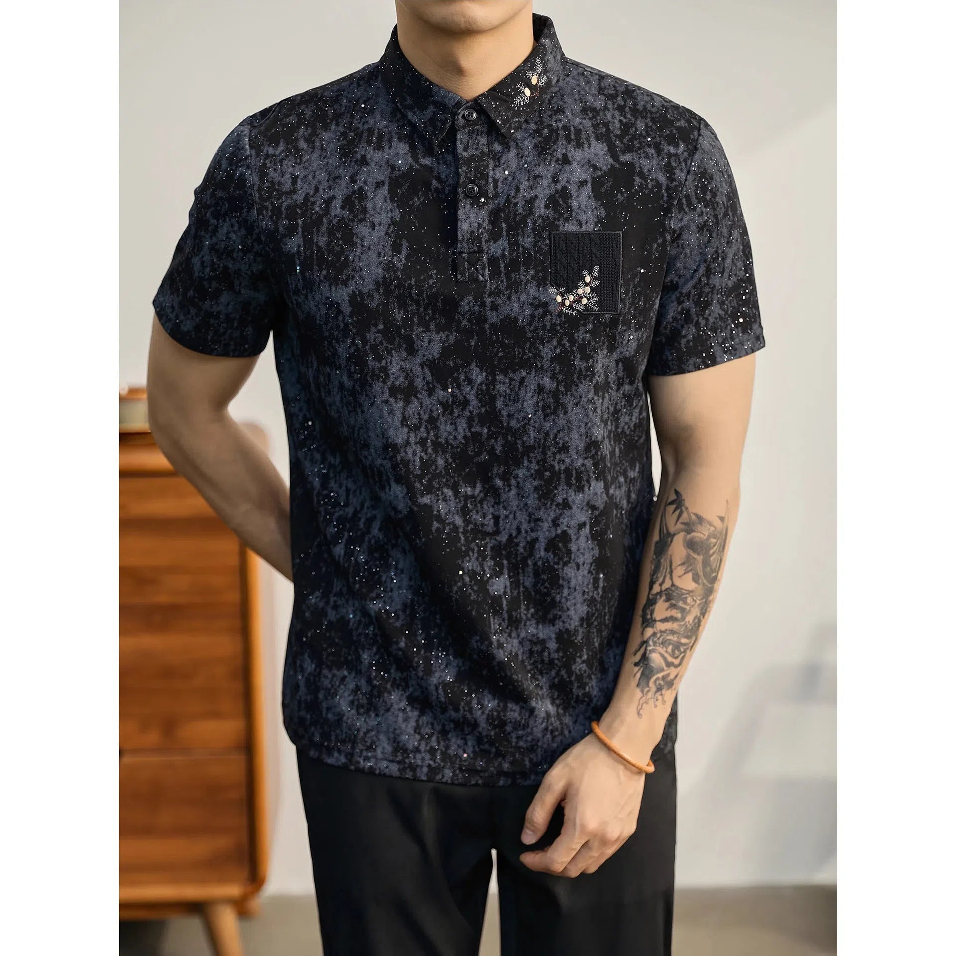 Men's short-sleeve tie-dye T-shirt in black, ice silk polyester, loose fit for summer