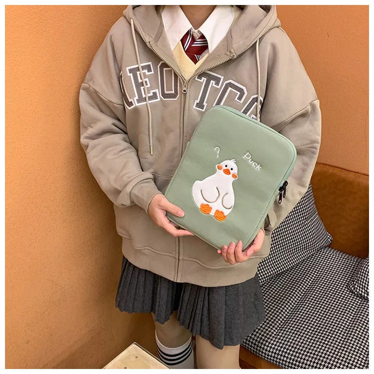 Blue cotton tablet case with cartoon duck embroidery and zipper closure for 11-16 inch tablets