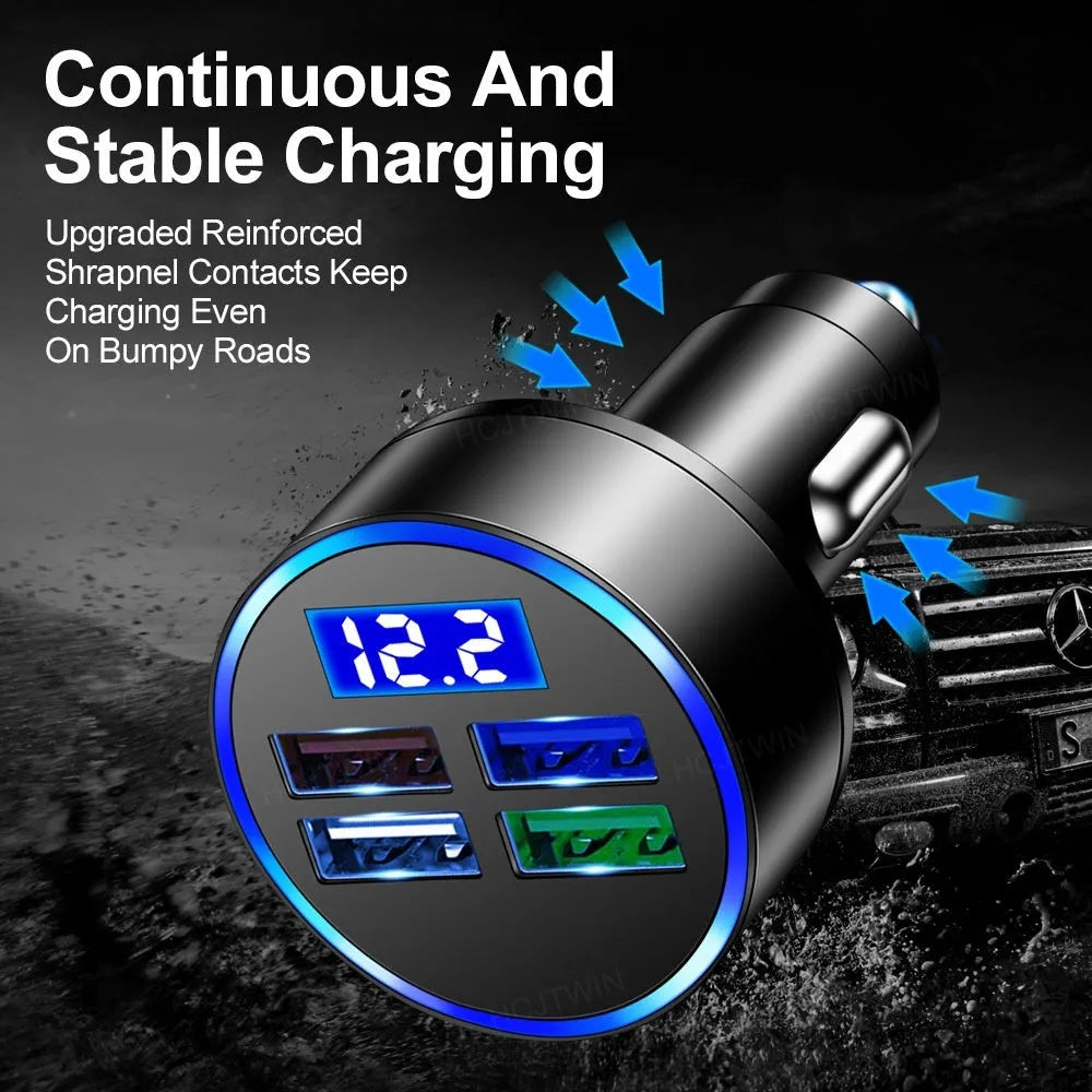 Black multi-port car charger with four USB ports and cigarette lighter plug for vehicle charging