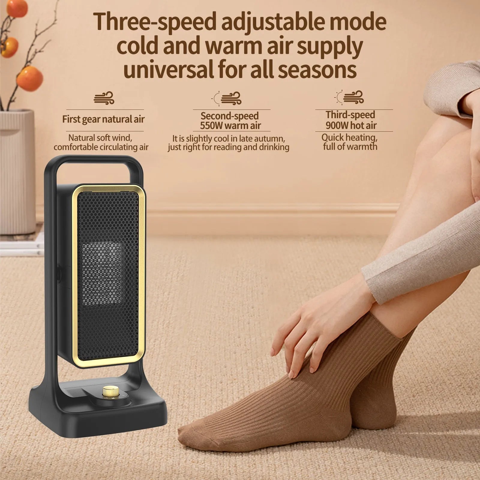 Black PTC ceramic desktop heater with knob controls measuring 14.9cm wide