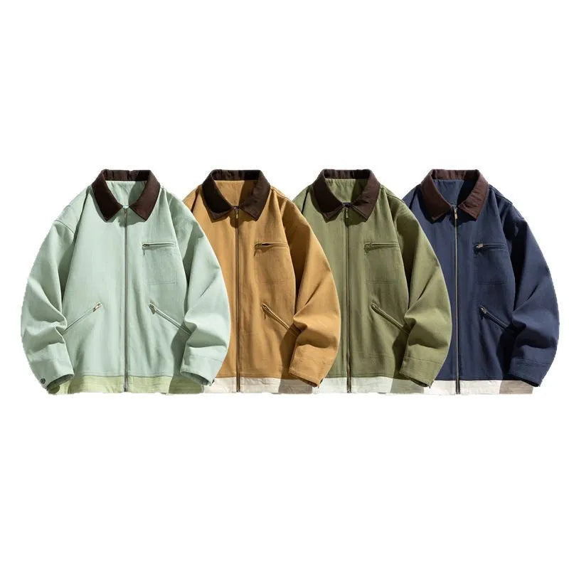 Men's Korean-style autumn jacket in loose retro workwear design with contrast lapels and side seam pockets