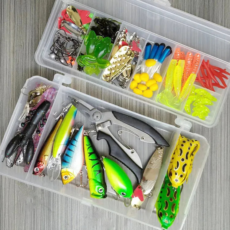 142-piece fishing lure set showing hard mino lures, sequins, hooks and fishing pliers in assorted colours