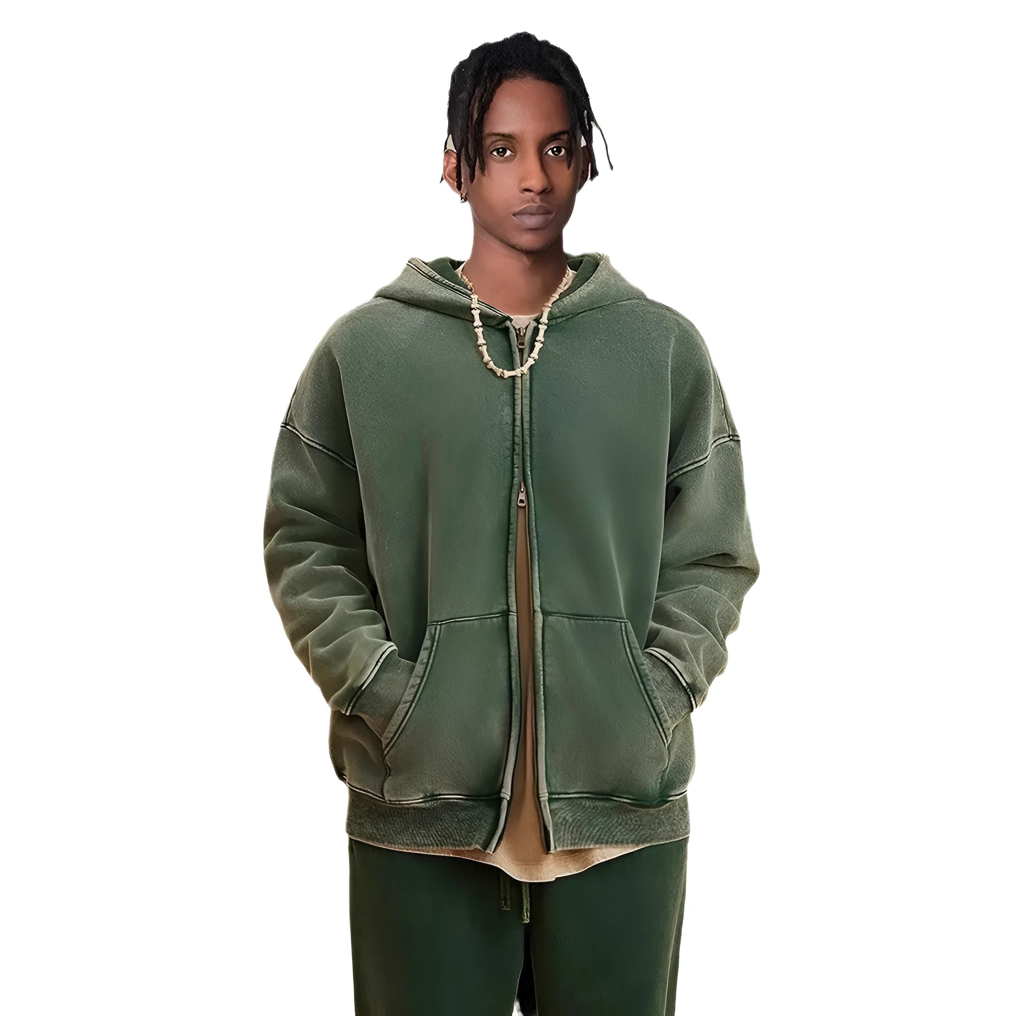 Man wearing a vintage wash fleece-lined hooded cardigan with a double zipper, shown in dark green.