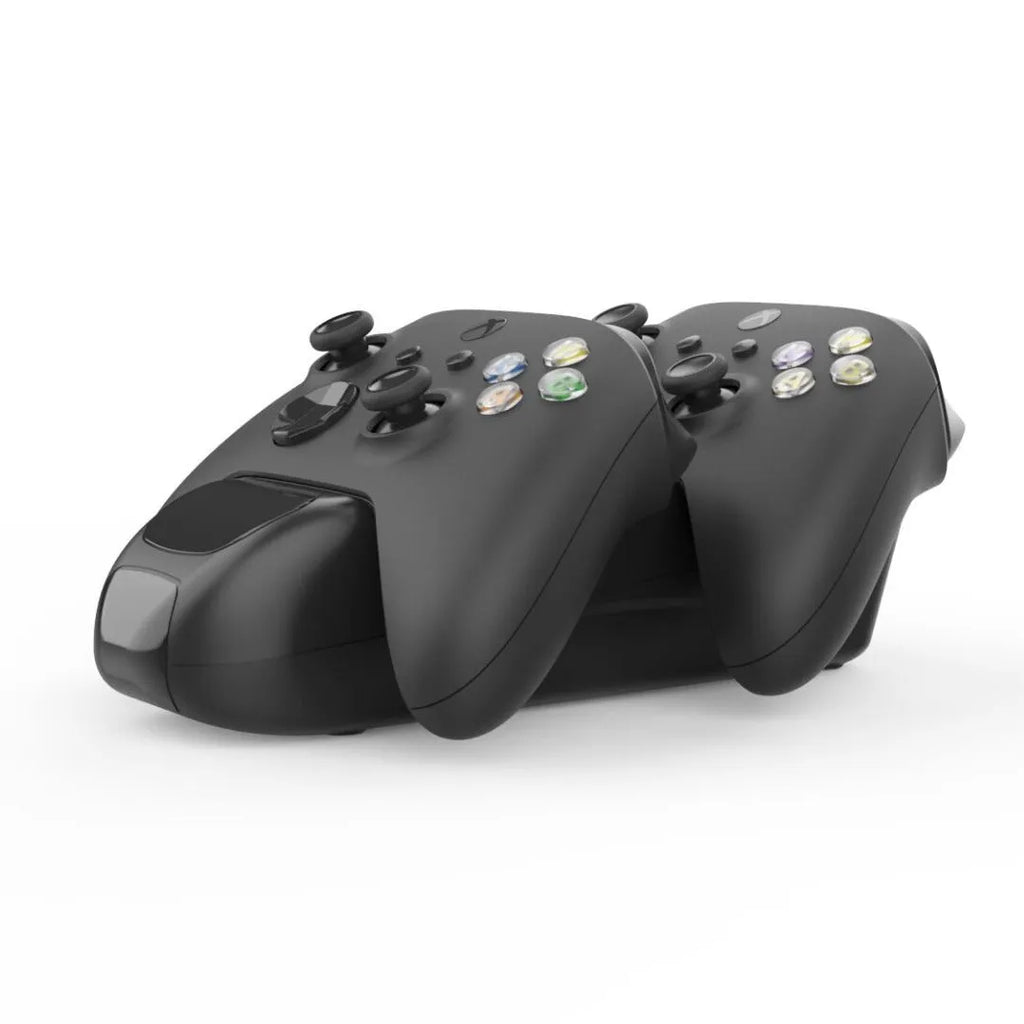 Black Xbox Series X/S dual controller charging station with LED indicators and two 600mAh battery packs