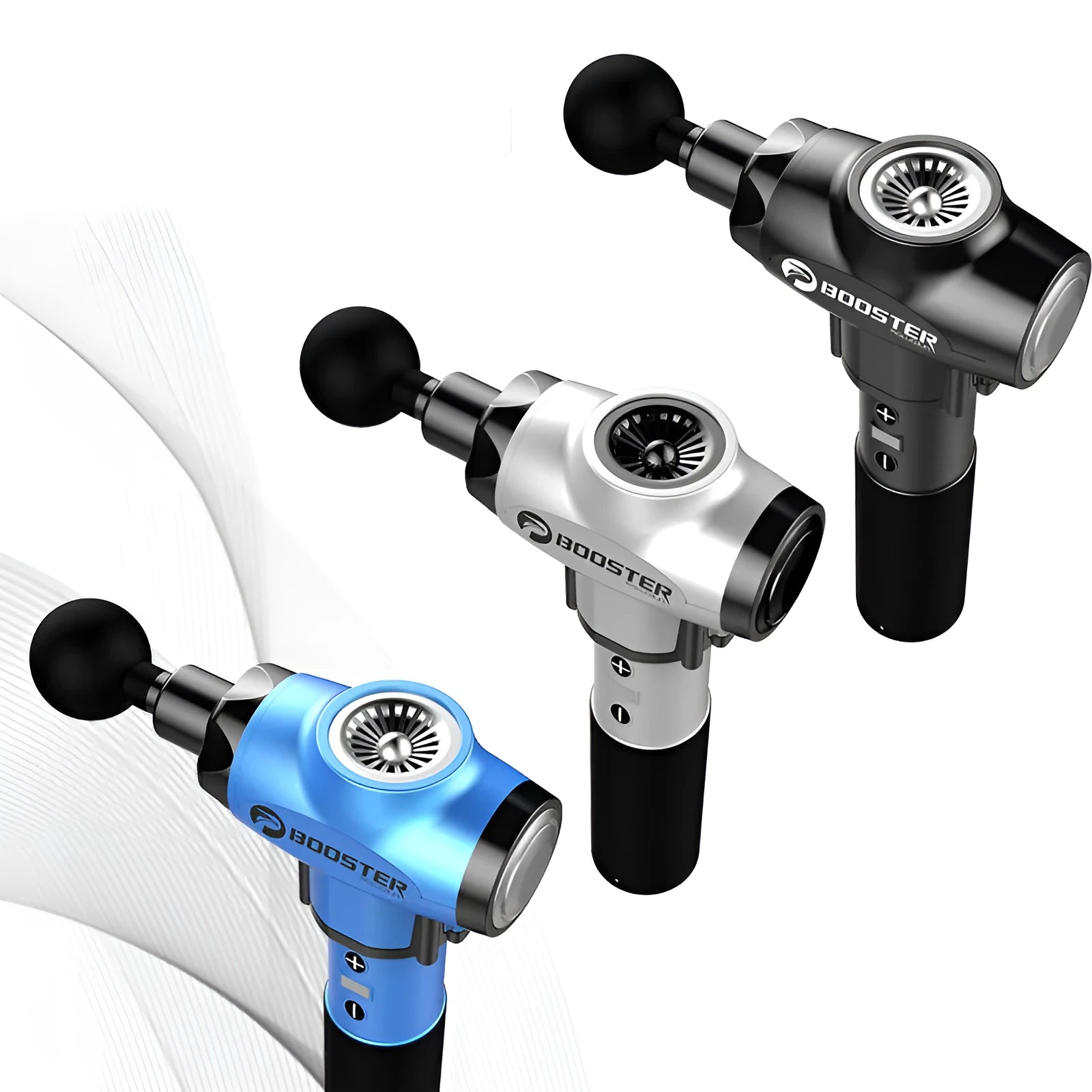 Black and white cordless electric massage gun for muscle relaxation.