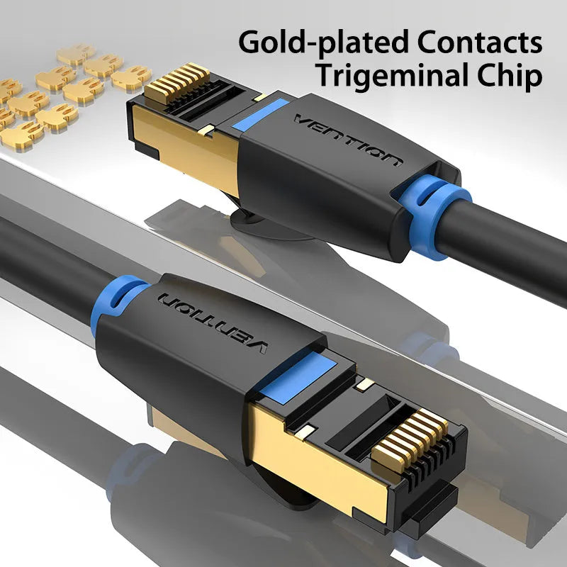 Cat8 10G Ethernet cable showing flat and round styles with RJ45 connectors in various lengths