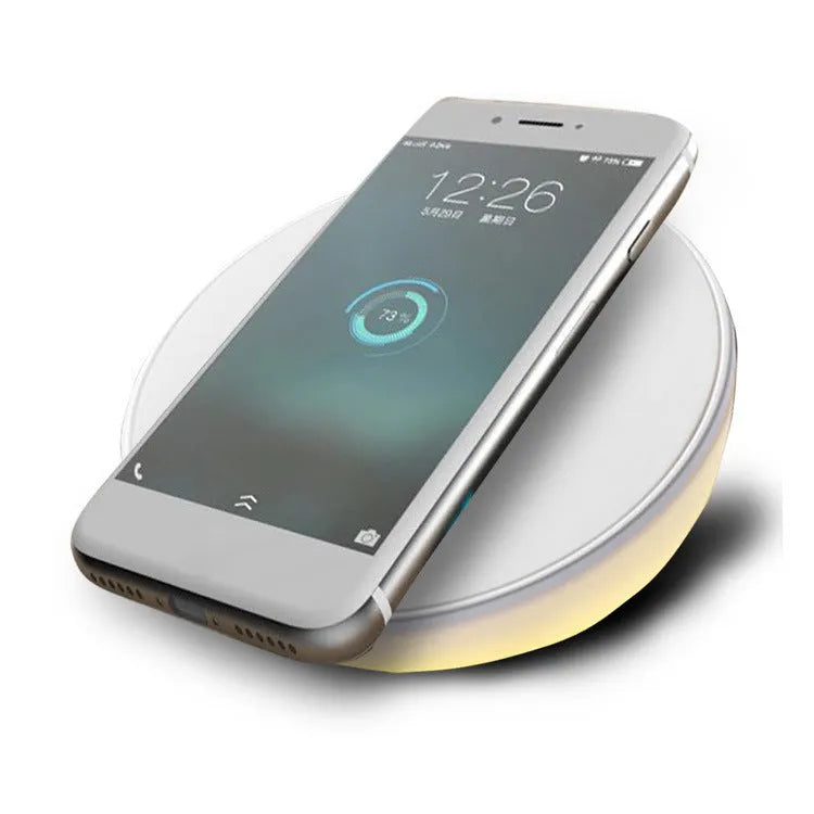 White 10W wireless charging pad with digital clock display and three control buttons