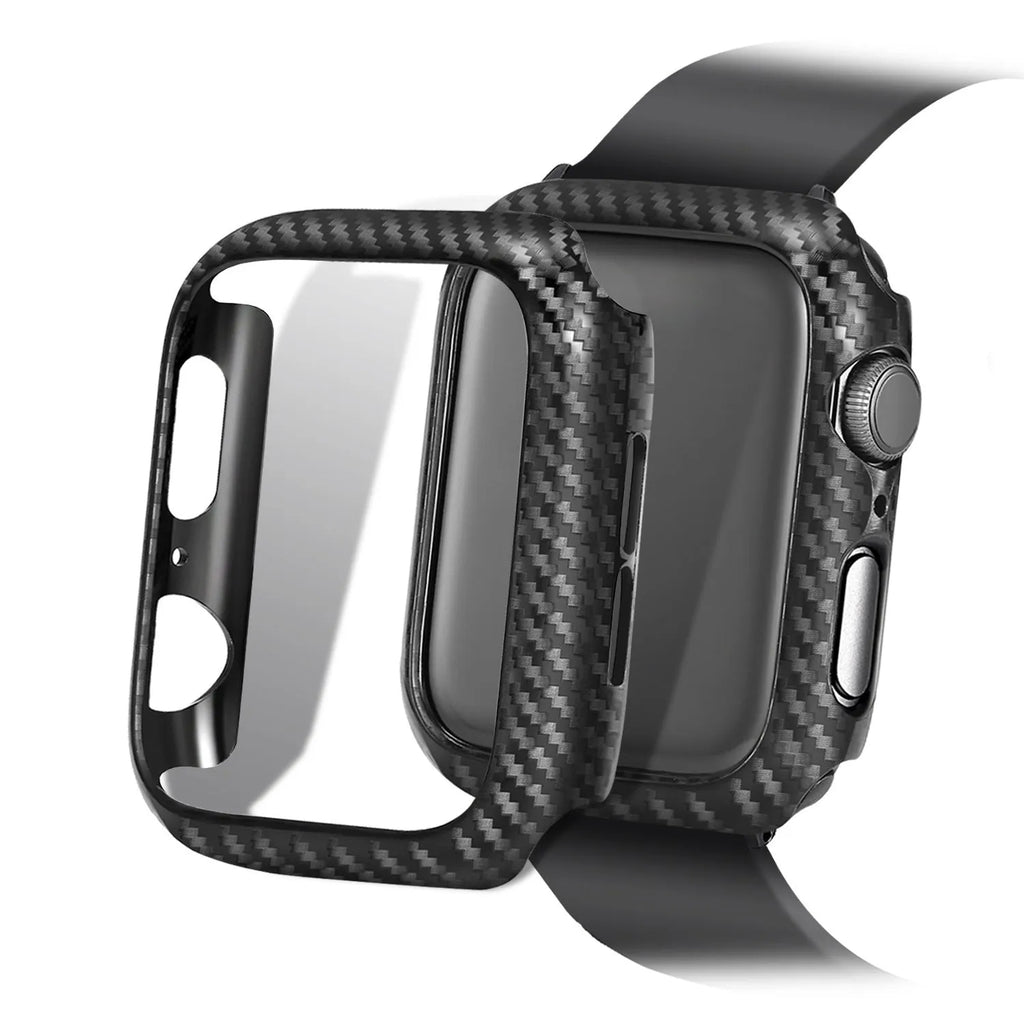 Leather Apple Watch strap with carbon fibre pattern case in black, blue, orange, and red colour options