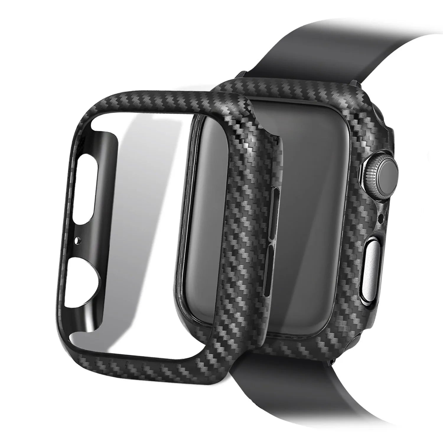 Leather Apple Watch strap with carbon fibre pattern case in black, blue, orange, and red colour options
