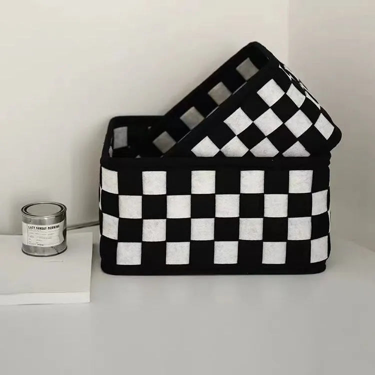 Checkerboard pattern folding felt storage basket measuring 37 by 29 by 19.5 centimetres