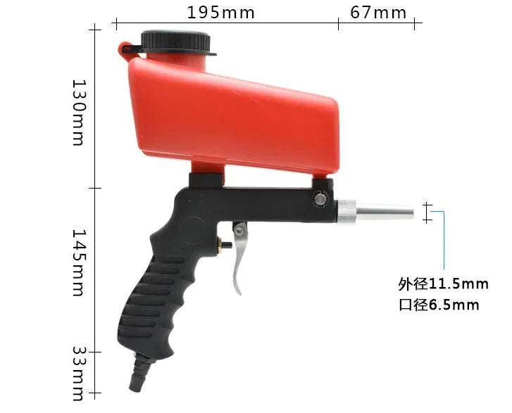 Portable blue pneumatic sandblasting gun with hose connector and 6.5mm nozzle.