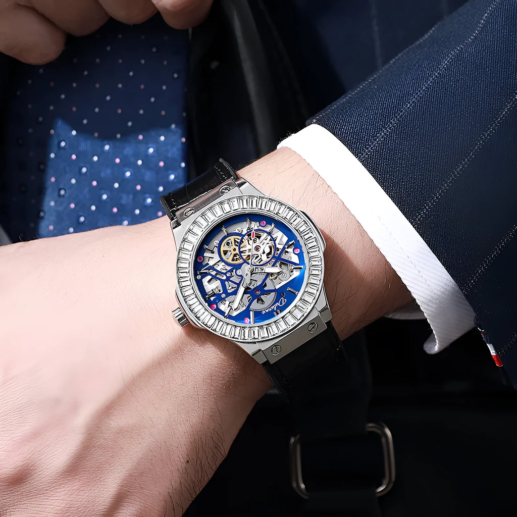 Men's automatic mechanical watch with diamond-studded hollow dial in white shell case