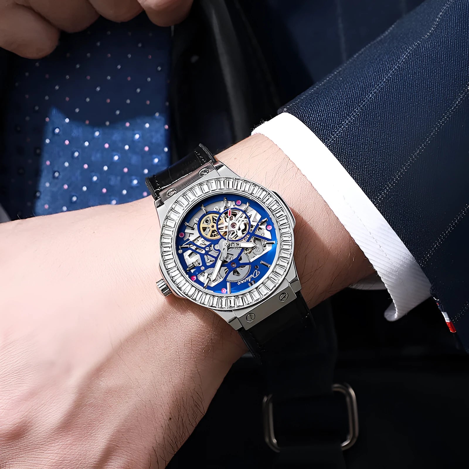 Men's automatic mechanical watch with diamond-studded hollow dial in white shell case