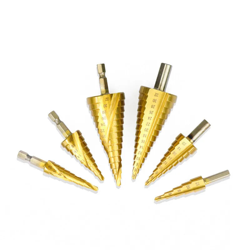 High speed steel step drill bits and centre punch set for metalworking with size markings