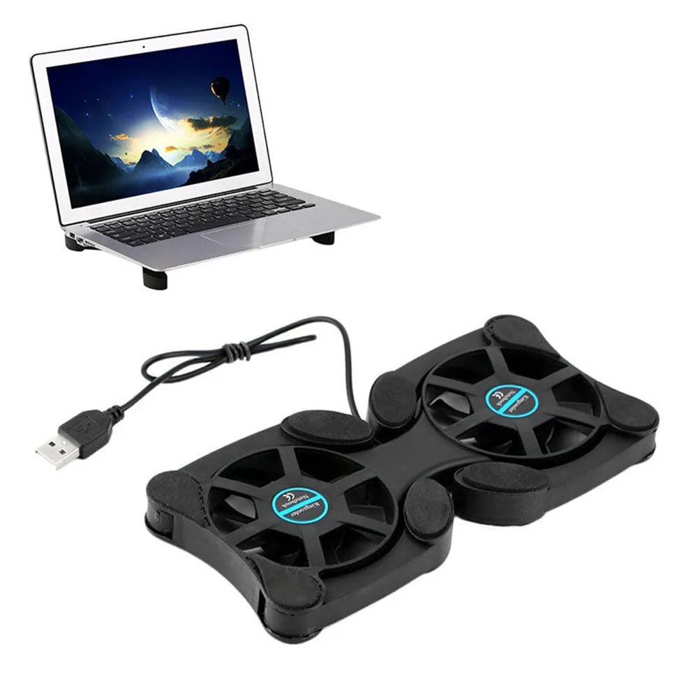 Portable folding notebook radiator cooling base with dual 70mm fans for 7-15 inch laptops, black, ultra-thin design with anti-slip protective pad, USB powered 150mA DC5V, compact size 32x14.5x2cm opens to 19x9x2cm folded, 37.5cm USB cable