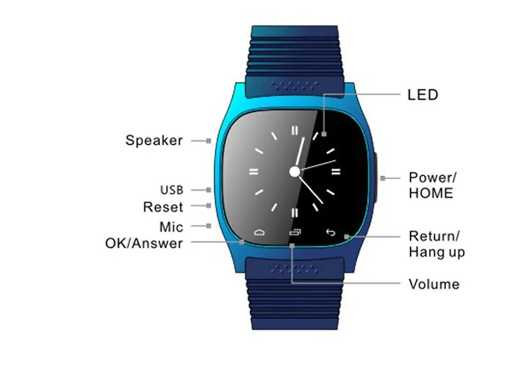 Bluetooth sports watch in black, white or blue colours compatible with Apple iPhone and Android phones