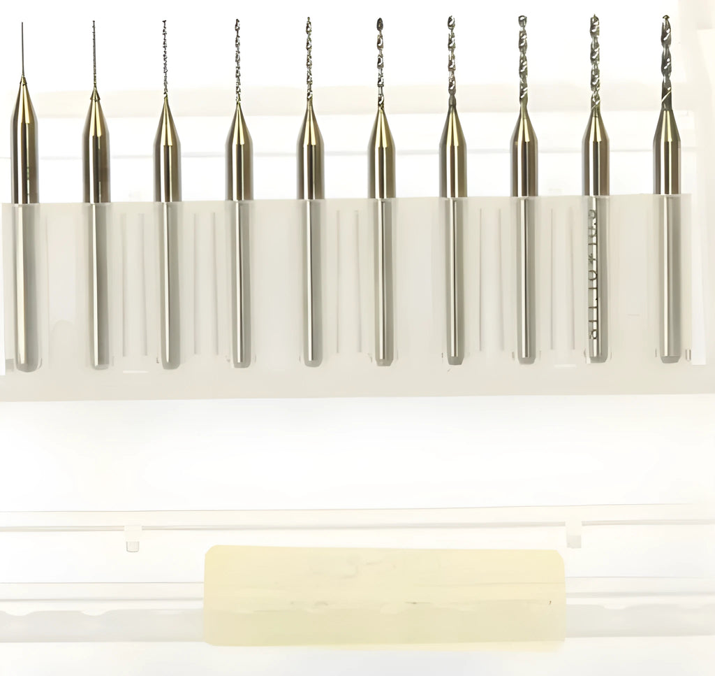 Imported tungsten carbide micro-engraving bit set with sizes from 0.1mm to 2.0mm for CNC machining.
