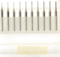Imported tungsten carbide micro-engraving bit set with sizes from 0.1mm to 2.0mm for CNC machining.