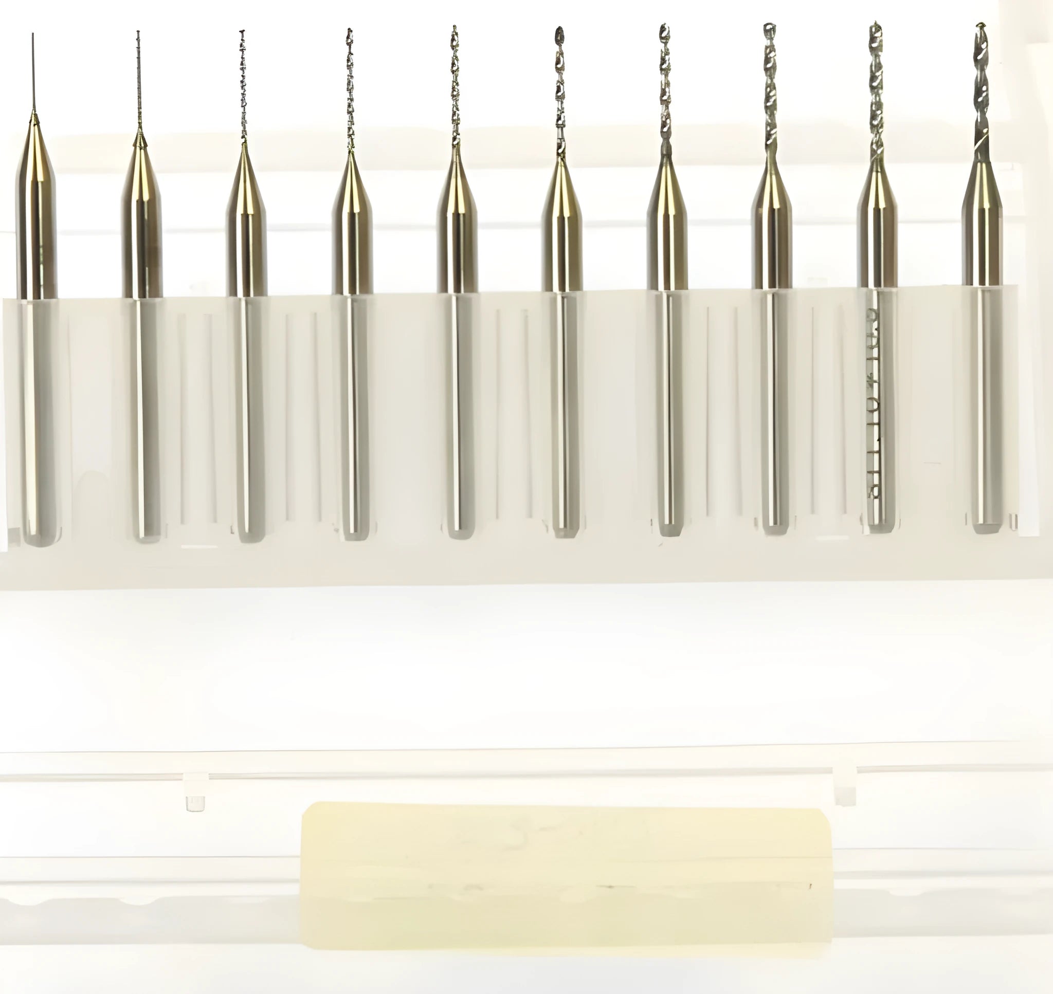 Imported tungsten carbide micro-engraving bit set with sizes from 0.1mm to 2.0mm for CNC machining.